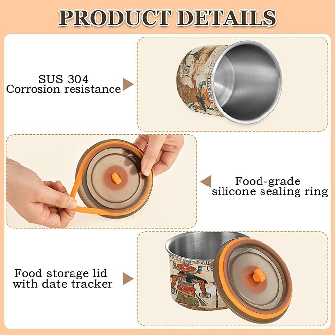 YETTASBIN Egyptian Murals Airtight Food Storage Containers 900ml/30oz, Stainless Steel Coffee Canisters with Vacuum-Lock Lid for Kitchen Organization, Coffee Bean, Tea, Sugar, Flour