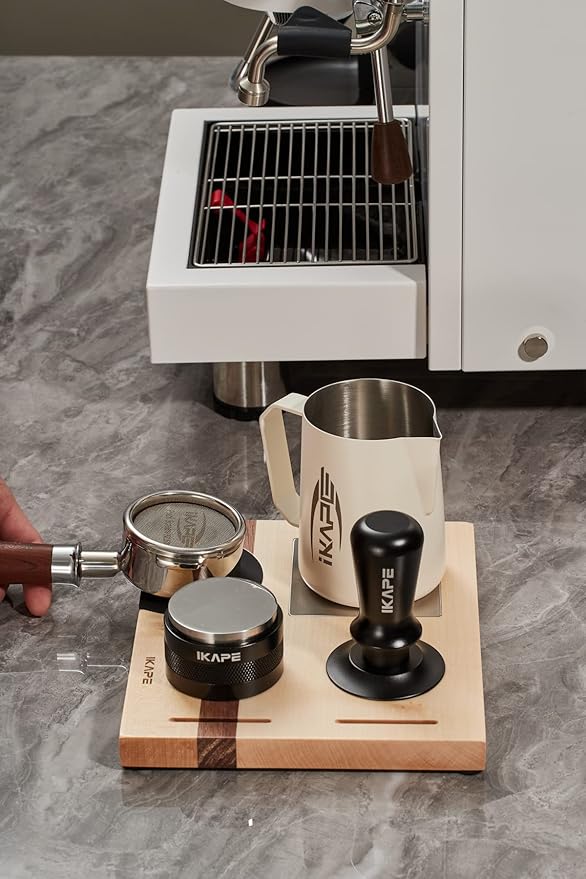 IKAPE Espresso Tamper Base, Espresso Accessories Organizer Box Compatible with All Size Espresso Brand Accessories, Natural Walnut Tamping Station Holder(4 IN One)