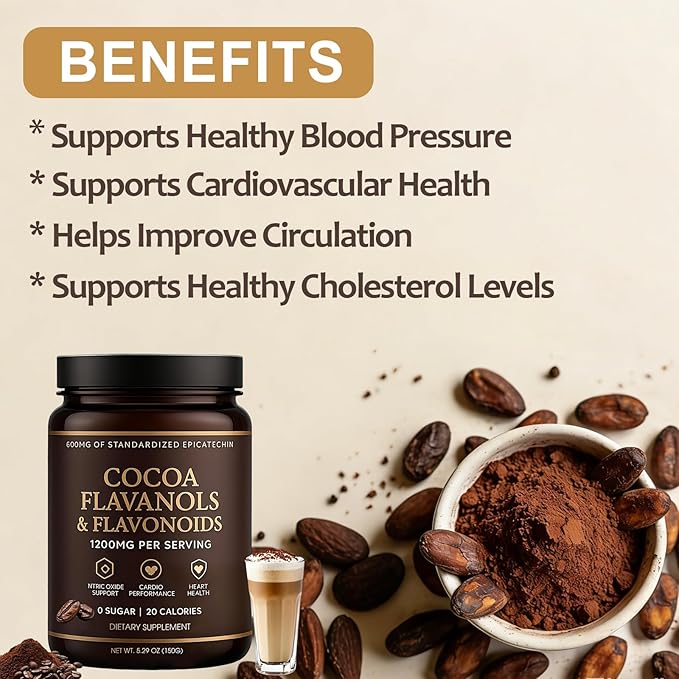 High Flavanol Cocoa Powder – 1200mg Flavanols & Flavonoids per Serving – 10X Concentrated Cocoa Extract with 600mg Epicatechin – Premium Dark Cocoa Nutrition for Daily Use, Gluten Free, Vegan, 5.29 oz (1)