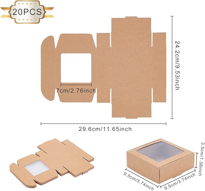 BENECREAT 20 Packs 3.7x3.7x1.4inch Square Brown Kraft Paper Boxes with Clear Windows for Wedding Party Favor, Bakery, Jewelry, Halloween Christmas Gift Packaging