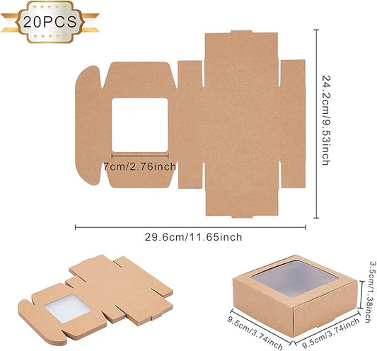 BENECREAT 20 Packs 3.7x3.7x1.4inch Square Brown Kraft Paper Boxes with Clear Windows for Wedding Party Favor, Bakery, Jewelry, Halloween Christmas Gift Packaging