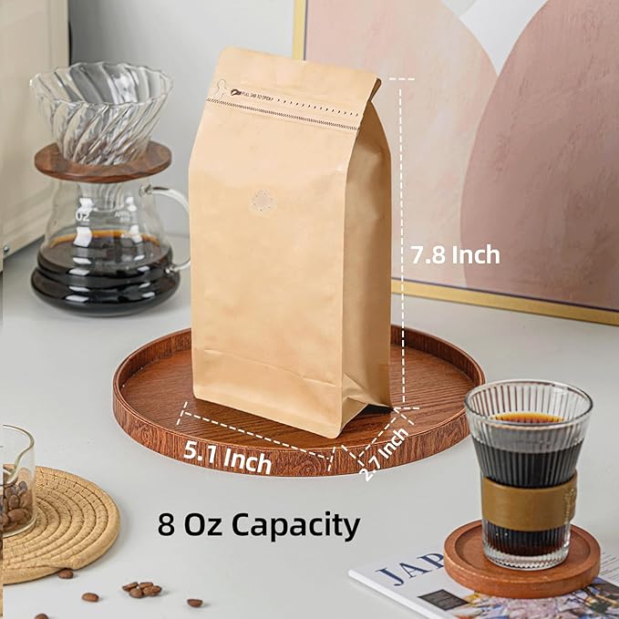 50 Pcs 0.5lb Kraft Paper Brown Long Coffee Bean Bags with Valve, Easy Tear Open & Repeating Sealed Zipper, Heat-Seal Stand Up & Flat Bottom Coffee Bag, 8oz Capacity 5.1x7.8 Inch