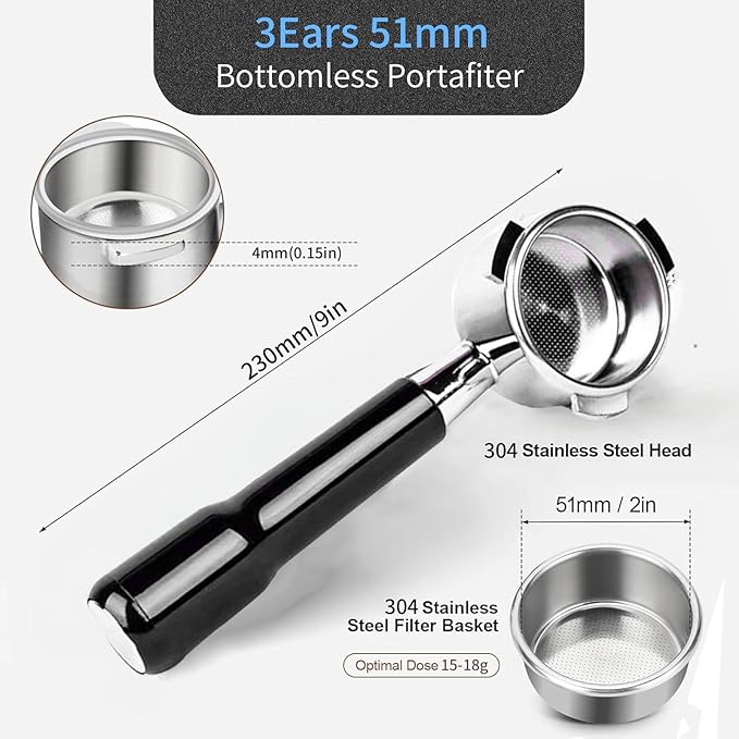 51mm Bottomless Portafilter & Puck Screen, Compatible for CASABREWS Espresso Machine CM5418, 3700 Series, Mr. Coffee Espresso and Cappuccino Machine, Includes 304 Stainless Steel Filter Basket, 3Ear