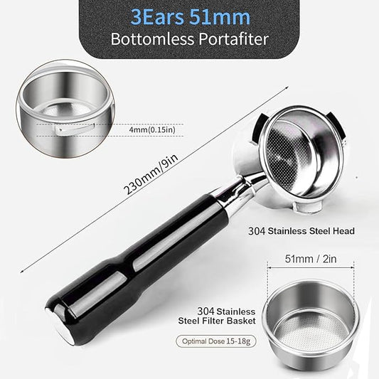51mm Bottomless Portafilter & Puck Screen, Compatible for CASABREWS Espresso Machine CM5418, 3700 Series, Mr. Coffee Espresso and Cappuccino Machine, Includes 304 Stainless Steel Filter Basket, 3Ear