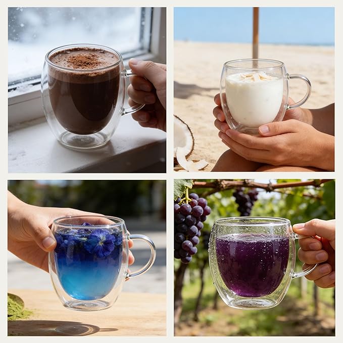 DINGPAl 4 Pack 8oz Double Wall Glass Coffee Mugs,Heat-resistant Borosilicate Glass Mug Cappuccino Espresso Tea Latte Cup with Handle,4 Spoons for Stirring Beverages in Bar,Cafe,or at Home