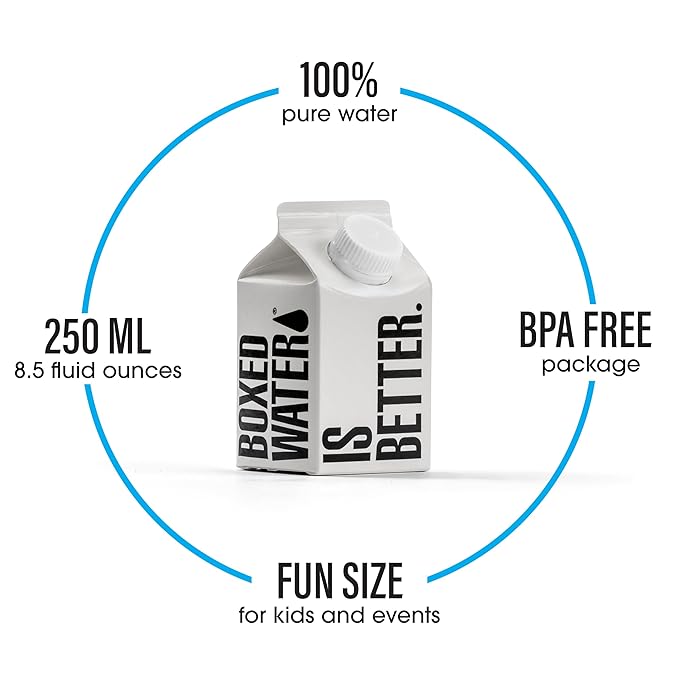 Mini Boxed Water (8.5 oz., 24 Pack) – Better Than Premium Plastic Purified Drinking Water in Plant-Based Cartons, BPA-Free, Refillable Cartons, Lunchbox Ready