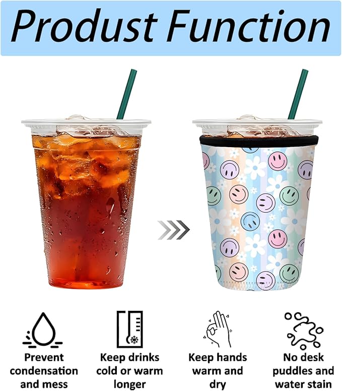 Neoprene Iced Coffee Sleeve 3 Pack, Reusable Insulated Coffee Cup Sleeves with Cute Smiley Face & Daisy Pattern, Fits 16–32 oz Tumblers, Compatible with Starbucks & Dunkin