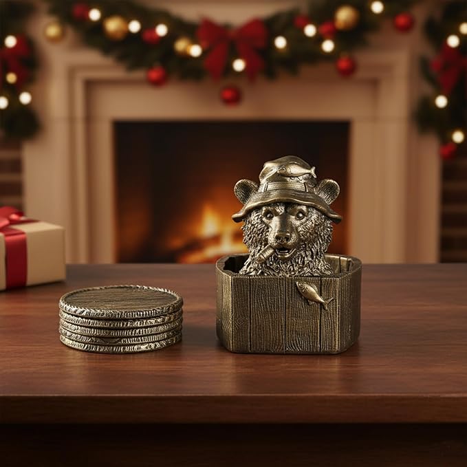 Cabin Coasters Set 6 Full Size Non-Slip Bar Coasters, Indoor Christmas Decorations, Man Cave Gifts for Men, Rustic Handmade Decor for The Home (Bear)