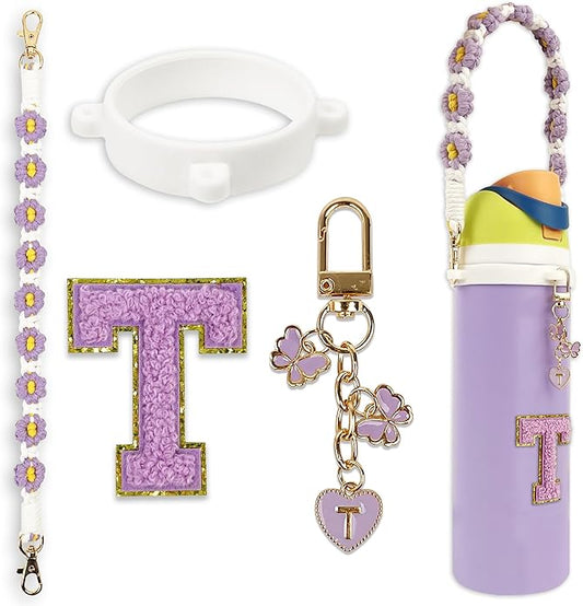 Compatible with Owala Water Bottle Accessories, Cute Letter Charm Set with Boho Handle Strap, Monogram Sticker, Silicone Ring, Keychain Decoration, for FreeSip 24 32 40oz, Owala Kids, Tumbler Gift