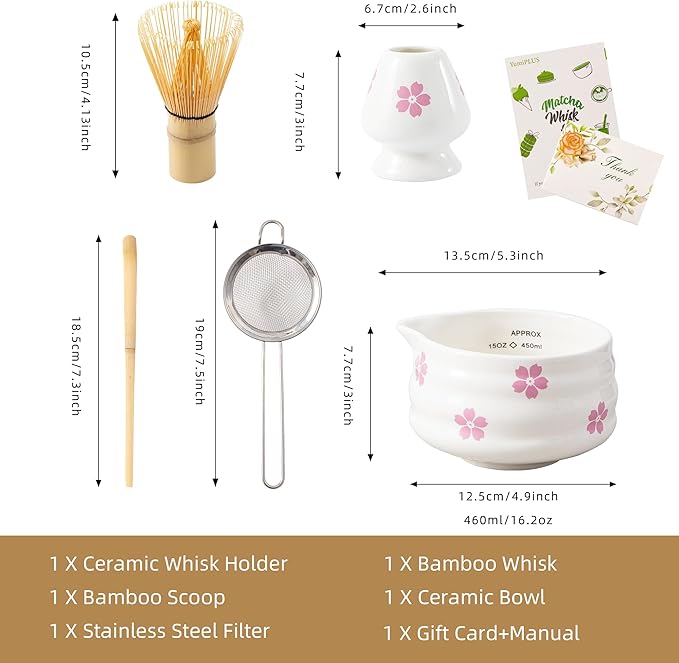 5pcs Premium Matcha Set,Ceramic Bowl with Spout and Bamboo Whisk set, Ceremonical Matcha Kit for breakfast/latte,Tea Starter Making Kit,Unique Matcha Gift set (sakura)