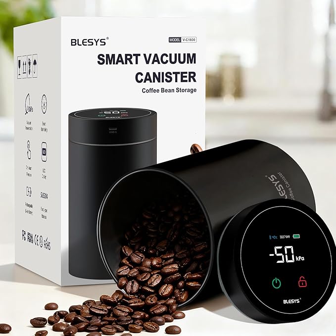 Smart Vacuum Coffee Canister, Automatic Stainless Steel Food Storage Container, LCD Monitoring, One-touch Freshness, Date Tracker, Extra-long Standby Time, holds 20oz Coffee Beans (Black, 1.8L)