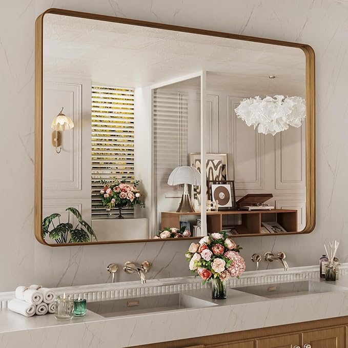 LOAAO 55X30 Inch Bathroom Mirror with Wood Grain Colored Metal Frame, Rounded Rectangle Metal Framed Bathroom Mirror, Anti-Rust, Hangs Horizontally or Vertically, Tempered Glass