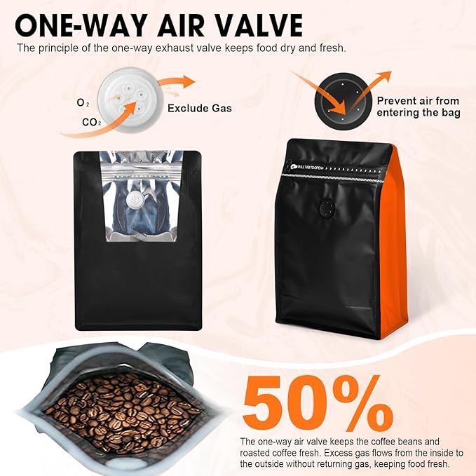 Coffee Bags with Valve(60pcs,16oz,1lb) Vented Coffee Beans Packaging Bags High Barrier Aluminumed Foil Flat Bottom Heat Sealed Side Zipper Resealable Storage Bag for Home or Business（Black+Orange）