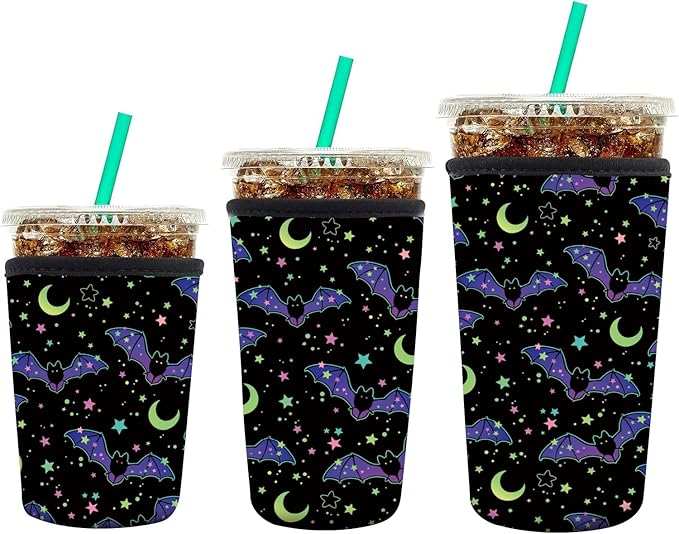 3 Pack Reusable Neoprene Insulator Sleeve for Iced Coffee Cups, Funny Coffee Cup Sleeves for 16-32oz Coffee cups, Cute Drink Sleeve for Cold Hot Beverages Cute Black Bats
