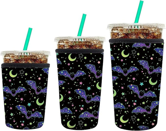 3 Pack Reusable Neoprene Insulator Sleeve for Iced Coffee Cups, Funny Coffee Cup Sleeves for 16-32oz Coffee cups, Cute Drink Sleeve for Cold Hot Beverages Cute Black Bats