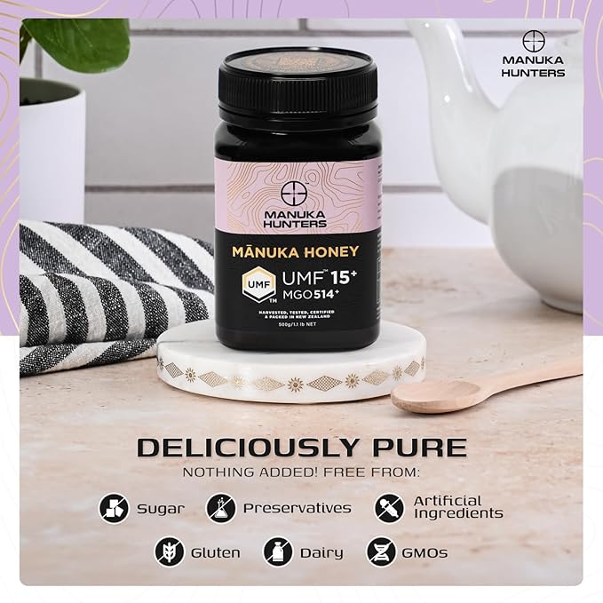 Manuka Hunters UMF 15+/MGO 514+ Certified New Zealand Manuka Honey - 100% Pure Natural Sweetener - Gluten, Dairy Free - Ideal for Tea, Coffee, Smoothies, and Baking - Sustainable - 1.1lbs/500g Jar