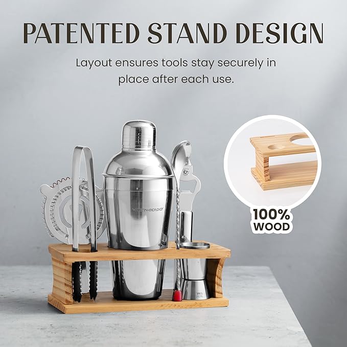 Modern Mixology Cocktail Shaker Set - 8 Piece Bartender Kit on Quality Pine Stand | Complete Cocktail Kit Gift Set | Top Bartender Gifts for Men | Leak Proof Design (Silver)