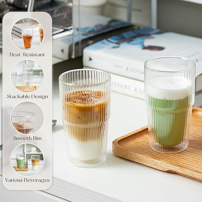 KEMORELA 16 oz Set of 4 Ribbed Glass tumbler,Double Wall Iced Coffee Cups with Lids,Coffee Bar Accessories, Insulated Borosilicate Glass Tumblers, To Go Coffee Cups, Spill proof