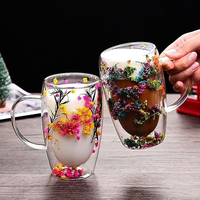Double Wall Coffee Mugs, 5.71 IN Insulated Glass Coffee Mugs with Handle Aesthetic Dried Flowers Cups with Handles Clear Glass Cups Large Coffee Mug for Hot Drinks Tea (C)