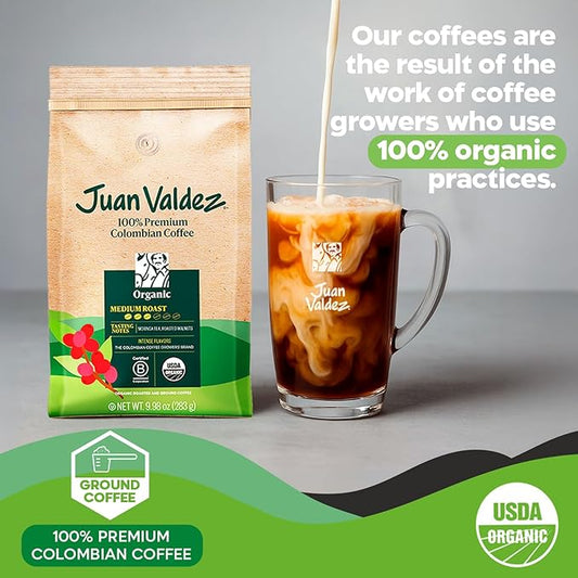 Juan Valdez Organic Ground Coffee - Balanced Roast | 100% Colombian Arabica Beans | 100% Colombian Coffee | Certified USDA Organic | Notes of Moringa Tea & Roasted Nuts | 10 oz / 283 gr
