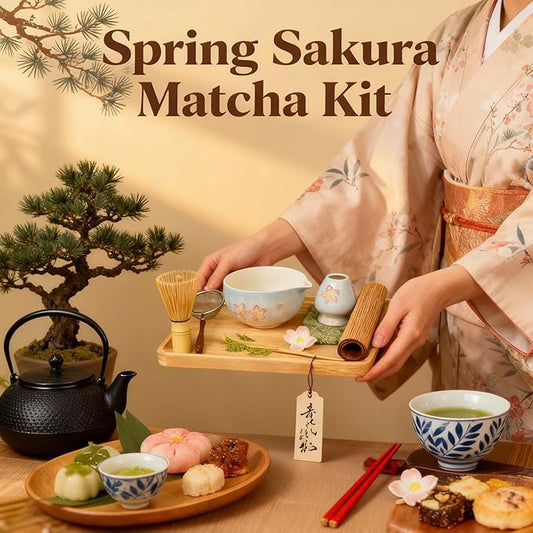 Matcha set with tray 8pcs, Japanese Matcha Kit includes Ceramic Matcha Bowl, Bamboo Matcha Whisk (Chasen), Whisk Holder, Macha Scoop(Chashaku), Bamboo Placemat, Sifter, Tea Cloth Chakin，Blue & Pink