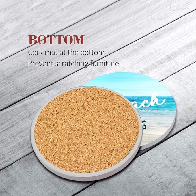 Britimes Coaster for Drinks Set of 6, Beach Shell Antique Teal Blue Table Absorbent Round Ceramic Stone Mat, with Cork Base and Metal Holder, Gift for Housewarming Room Bar Decor