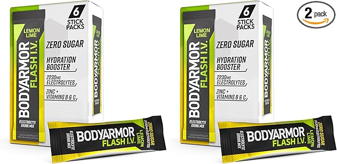 BODYARMOR Flash IV Electrolyte Packets, Lemon Lime - Zero Sugar Drink Mix, Single Serve Packs, Coconut Water Powder (6 Count) (Pack of 2)