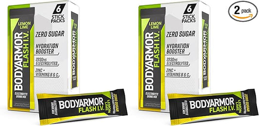 BODYARMOR Flash IV Electrolyte Packets, Lemon Lime - Zero Sugar Drink Mix, Single Serve Packs, Coconut Water Powder (6 Count) (Pack of 2)