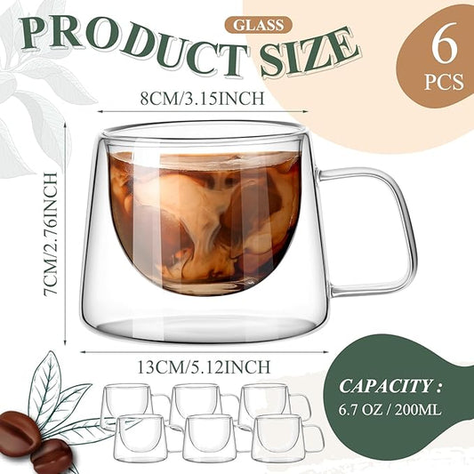 Rtteri 6 Pcs 6.7 oz Double Wall Glass Coffee Mugs Espresso Mugs with Square Handle Glass Cappuccino Cups Tea Clear Coffee Insulated Cups Gift Set for Latte Tea Bag Beverage Cafe Kitchen