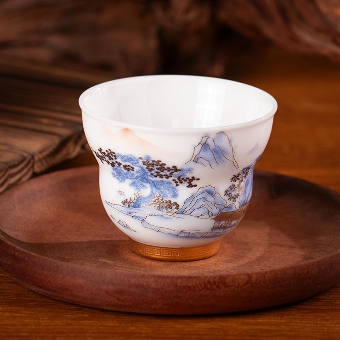 KAMMAK Ceramic Tea Cups Small, Cute Vintage Coffee Cup Set of 2, Porcelain Teacups Espresso Mug, 3.2oz Hand Painted Chinese Afternoon Tea Party Mugs, Birthday Gift for Women Men, Ice Fortune