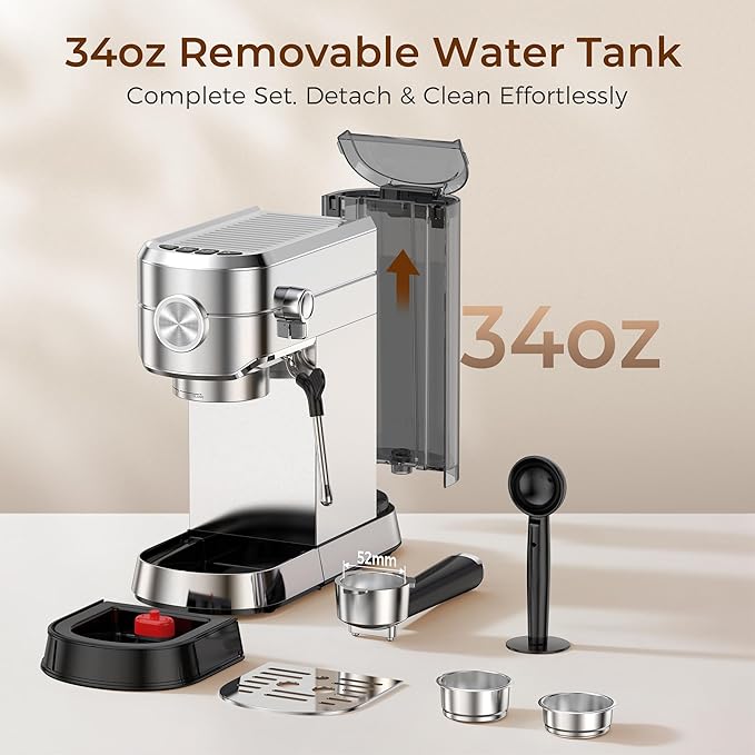 Kndko Espresso Machine, 20 Bar Espresso Coffee Machine with Milk Frother, Compact Stainless Steel Coffee Maker with 34oz Removable Water Tank for Cappuccino, Latte