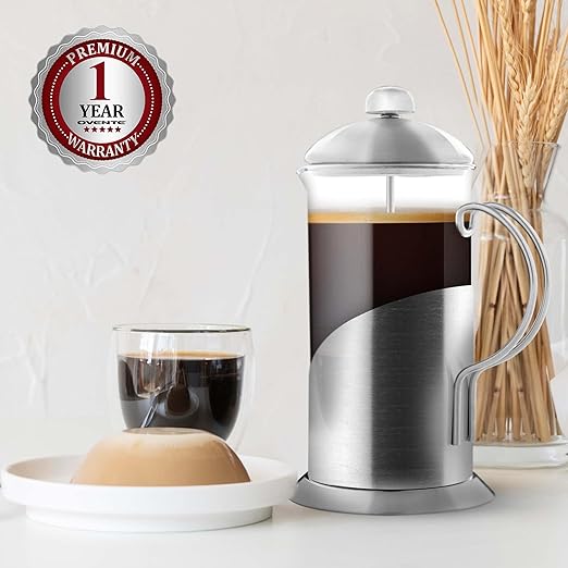 OVENTE French Press Coffee Maker 20 Ounce with Heat Resistant Borosilicate Glass, Stainless Steel Design and 4-Level Filter System, Portable Cold Brewer Pot for Travel, Camping or Gift, Silver FSL20S
