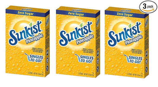SINGLES TO GO Sunkist Singles To Go Drink Mix Pineapple, 3 Boxes with 6 Packets Each -18Total Servings, 0.53 Ounce