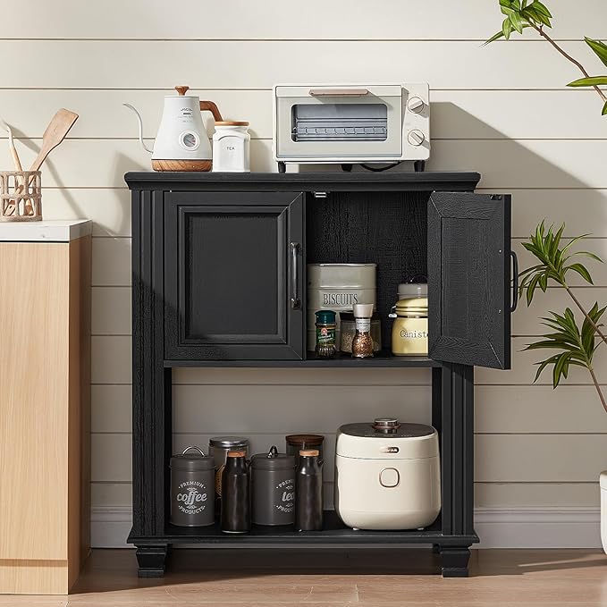 Farmhouse Coffee Bar Table with 2-Door Cabinet, Kitchen Storage Cabinets with Open Shelf, Coffee Station for Dining Room, Kitchen, Hallway, Living Room, Black