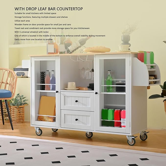 Brrnoo Kitchen Island Cart with Wood, 29.5"" Width Mobile Carts with Storage Cabinet, Rolling Kitchen Table with Spice Rack and Drawer, Portable Islands on Wheels, White