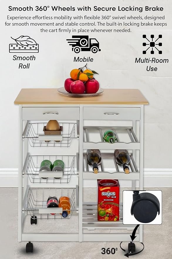Kitchen Island Cart with Drawers, Lockable Wheels - Rolling Serving Utility Trolley - Mobile Countertop Open Shelf Storage Cabinet Basket for Dining Room, Coffee Bar (White)