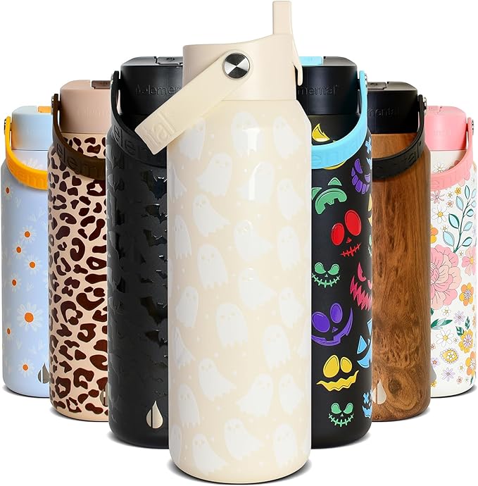 Elemental 40oz Insulated Water Bottle with Straw - 100% Leak-Proof Stainless Steel Core Water Bottles for Travel, Sports and Gym - Double Wall Insulation & BPA Free - Little Ghostie
