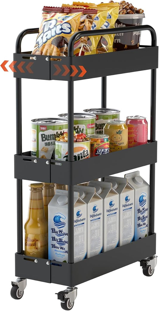 HOTEAGLE 3-Tier Rolling Cart Metal Expandable Utility Carts with Wheels, Ideal Storage Organizer for Livingroom, Bedroom, Kitchen and Bathroom, Black