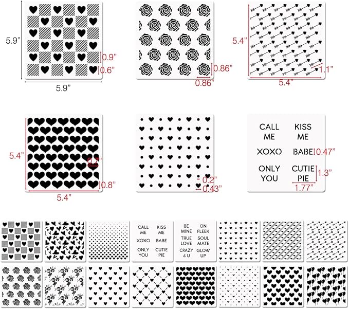 6in Hearts Love Cookie Stencils for Royal Icing, Valentine Stencils for Sugar Cookie, 16 Pcs Assorted Sizes Heart Shapes Conversation Words Rose Stencils for Baking Drawing Dessert Coffee Decoration