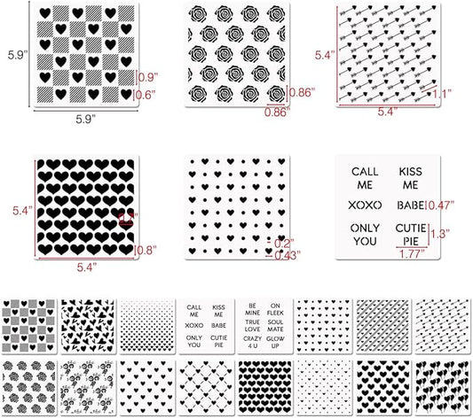6in Hearts Love Cookie Stencils for Royal Icing, Valentine Stencils for Sugar Cookie, 16 Pcs Assorted Sizes Heart Shapes Conversation Words Rose Stencils for Baking Drawing Dessert Coffee Decoration