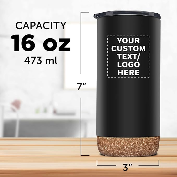 DISCOUNT PROMOS Custom Tumblers Cork Bottom 16 oz Set of 10/50/100 Personalized Bulk Pack Double Wall Insulated Matte Finish Iced Coffee Soda - Black