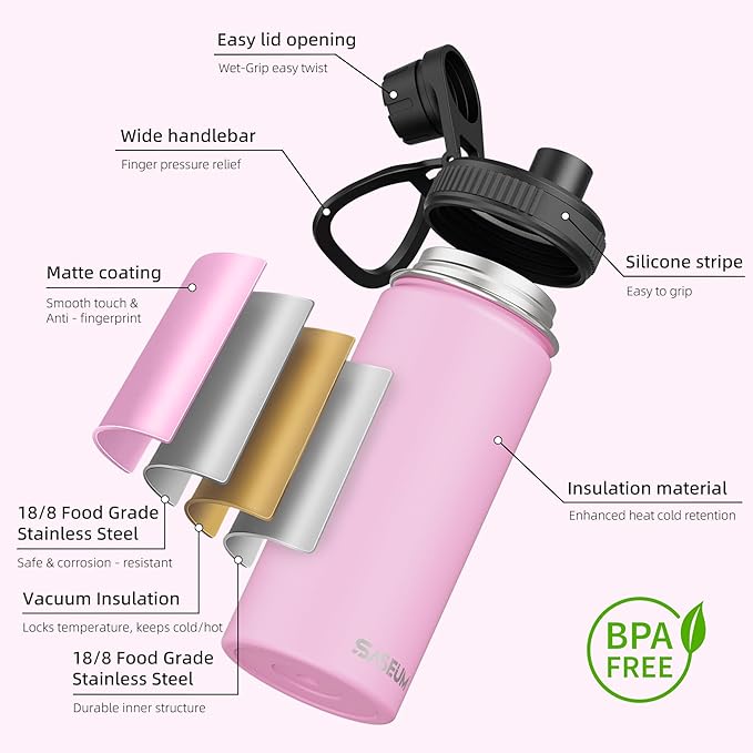 SASEUM Kids Sport Water Bottle 16oz Stainless Steel Double Wall Vacuum Thermal Mug with Leak Proof Spout Lids, Wide Mouth Metal Insulated Water Jug for Gym and Travel（Pink）