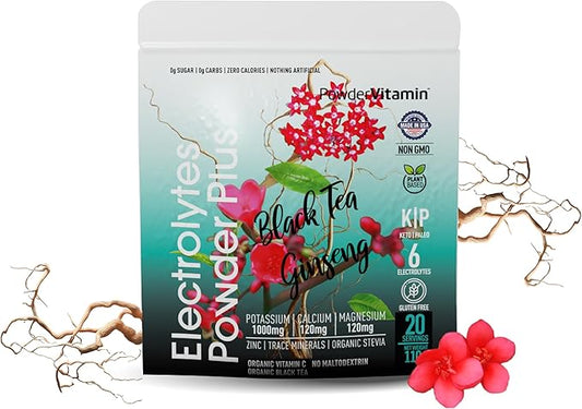 PowderVitamin Electrolytes Powder Plus (20 Servings) Black Tea Ginseng Electrolyte Powder Keto, Sugar Free, Pink Himalayan Salt,1000mg Potassium,120mg Calcium,120mg Magnesium, Hydration Powder
