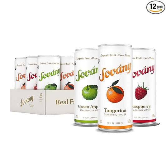 Sovány Flavored Sparkling Water, Variety Pack, Seltzer Water Drinks, USDA Organic, Made With Real Fruit, Non-GMO, Vegan, No Added Sugar, Low Calorie, Tangerine, Raspberry & Green Apple, 12 fl oz, 12 Pack