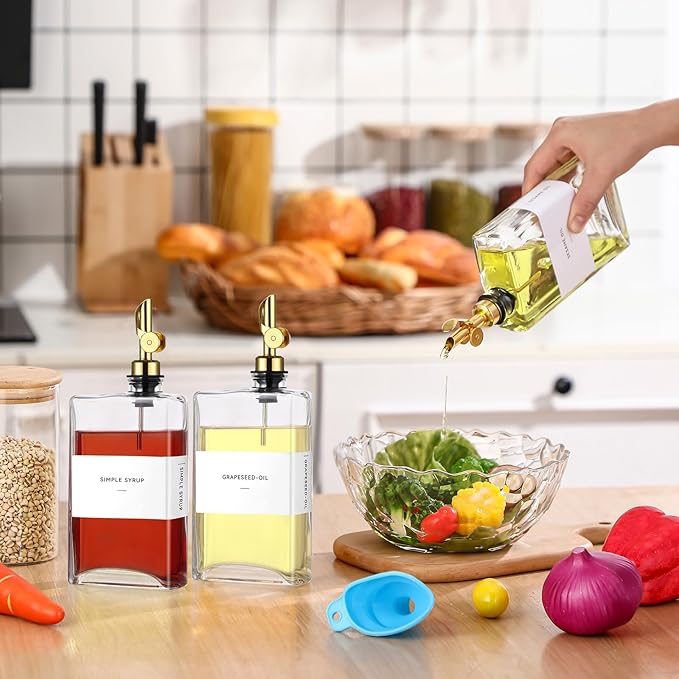 4 Pcs Olive Oil Dispenser for Kitchen, Glass Olive Bottles Oil Seasoning Bottle Set Coffee Syrup Soy Sauce Dispenser (Gold,350 ml)