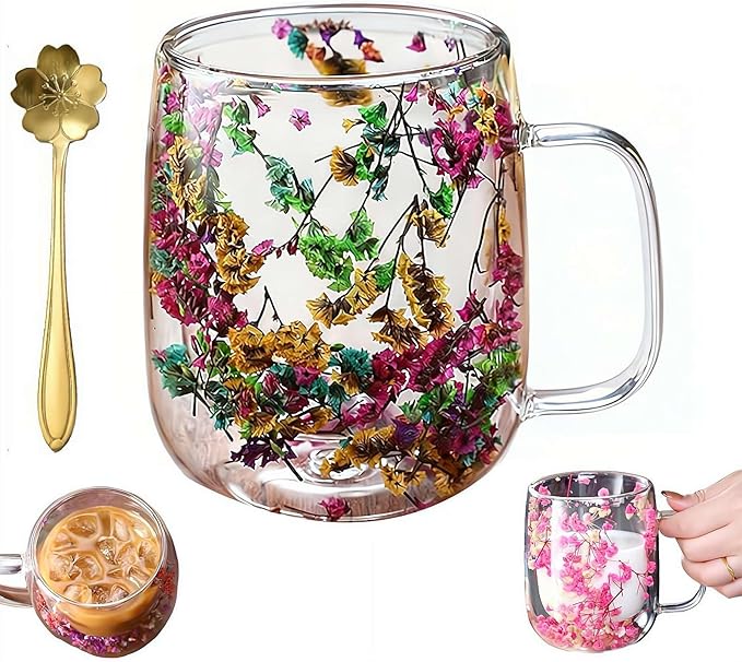 15.2Oz Double Glass Flower Tea Cup,Dried Flowers Insulated Glass Double Wall Coffee Mug With Handle,Transparent Doubles Glases Flower Tea Cup Latte Coffee Cups,Valentines Day Party Gifts