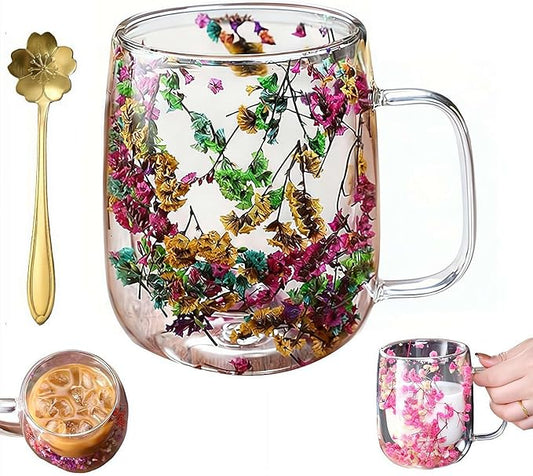 15.2Oz Double Glass Flower Tea Cup,Dried Flowers Insulated Glass Double Wall Coffee Mug With Handle,Transparent Doubles Glases Flower Tea Cup Latte Coffee Cups,Valentines Day Party Gifts