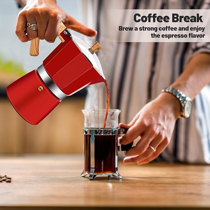 Vaolvpant 6 Cup Aluminum Moka Pot Classic Stovetop Espresso Coffee Maker 300ml 10oz Coffeemaker Percolator Mocha Pot Greca Coffee Maker Cafe Makers for Italian and Cuban Café Brewing Red