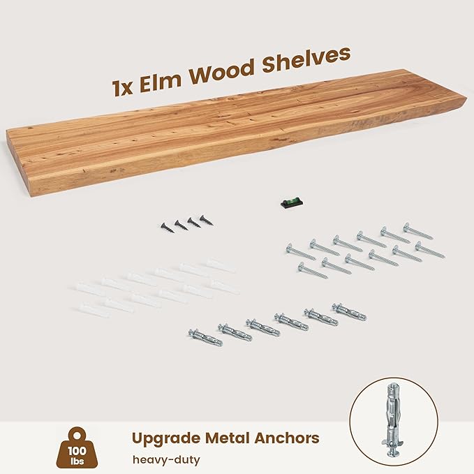 Reclaimed Elm Wood Floating Shelf for Wall, Live Edge 55"W x 9.2"D x 1.4"H, 1 Pack with Invisible Bracket, Large Wall Mounted Shelf for Living Room Bedroom Kitchen Bathroom Decor, Natural Finish