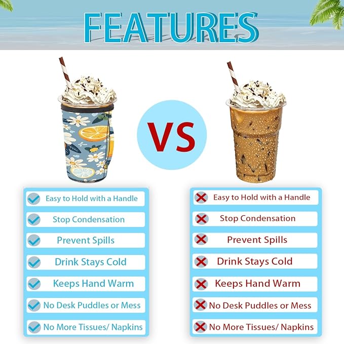 Reusable Iced Coffee Cup Sleeve Daisy Lemon Neoprene Insulated Sleeves Cup Holder with handle Idea for 30oz - 32oz
